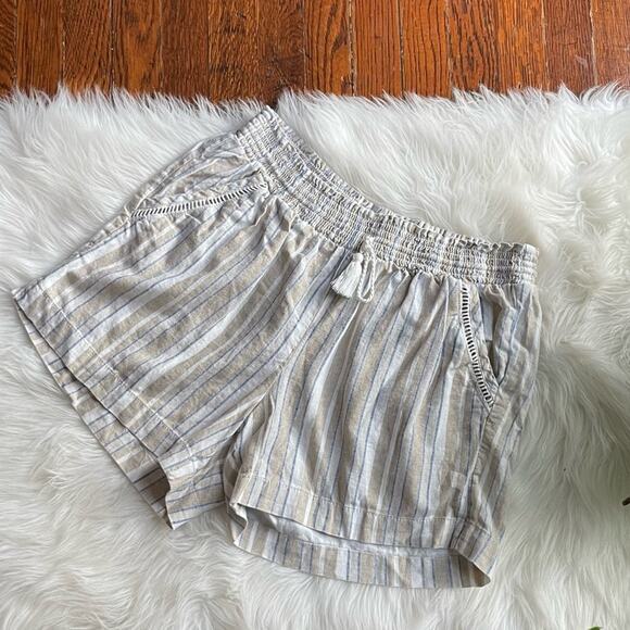 Linen Blend Shorts Pull On Neutral Blue Stripe - Picture 1 of 9